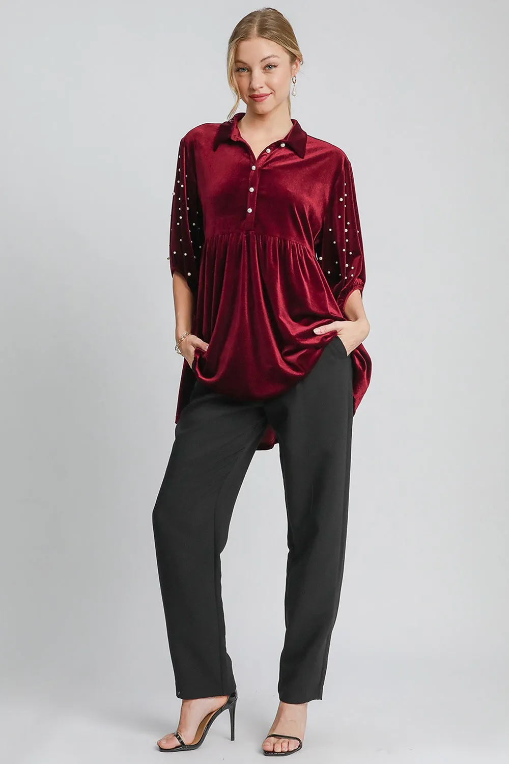 Pearl Detail Collared Neck Velvet Babydoll Blouse