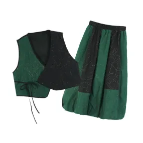 Pre Order:  Retro Green Colorblock Vest and Skirt 2 Piece Set