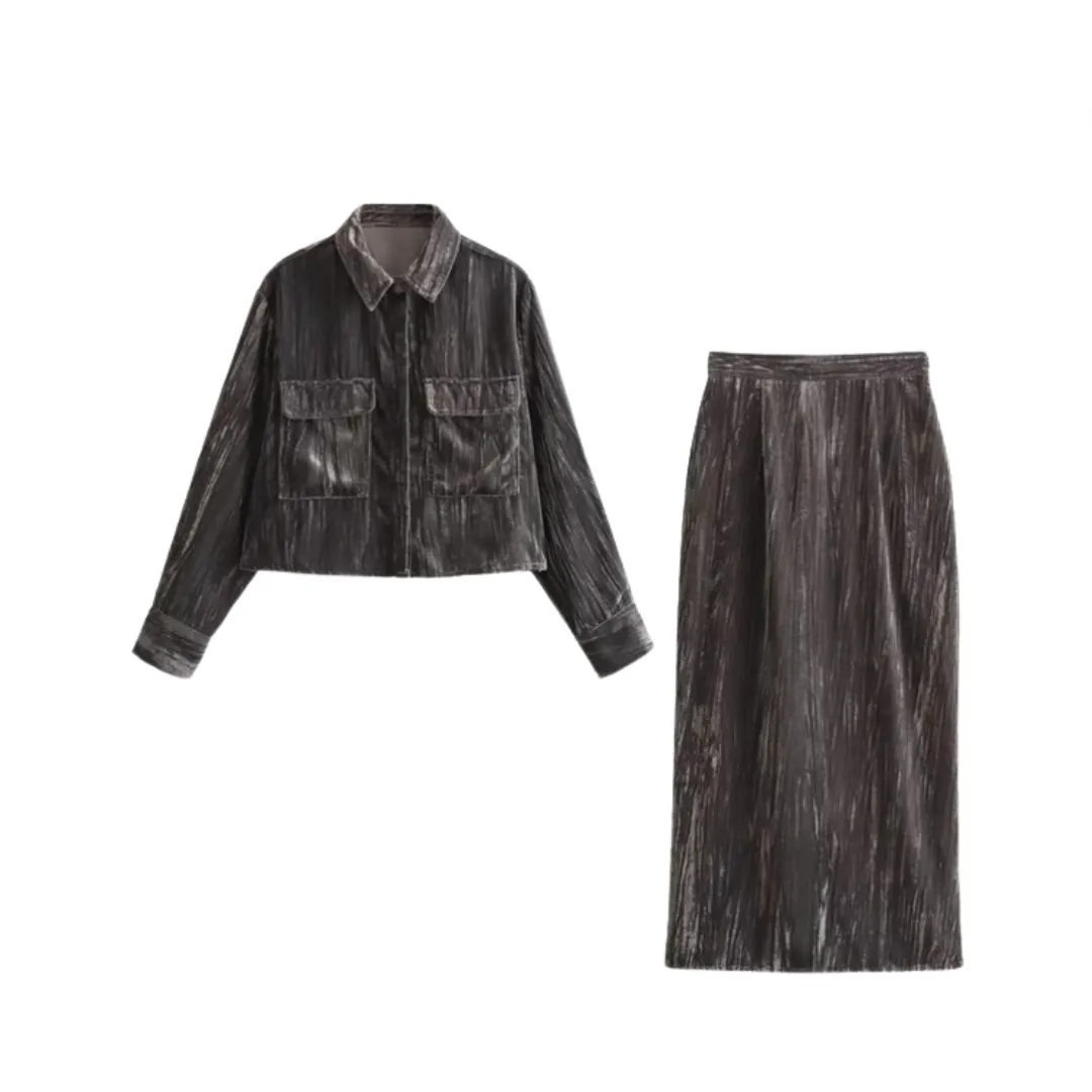 Pre Order:  Retro Velvet Collar Button Shirt   Side Zip Straight Skirt