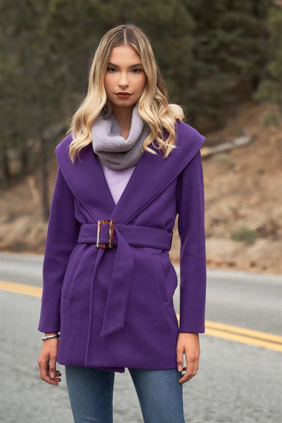 Purple Oversized Collar Long Sleeve Self-Belt Buckles Short Coat /2-2-2