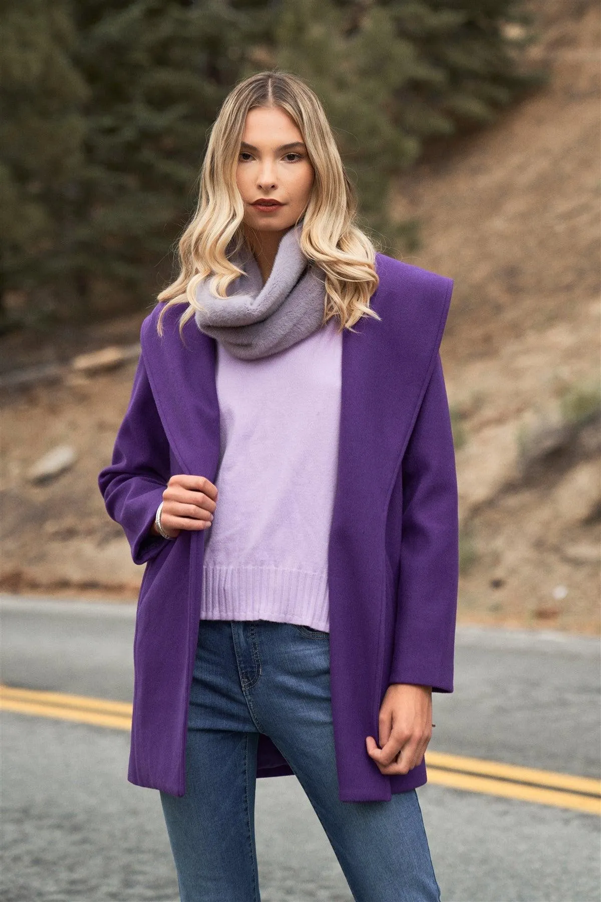 Purple Oversized Collar Long Sleeve Self-Belt Buckles Short Coat /2-2-2