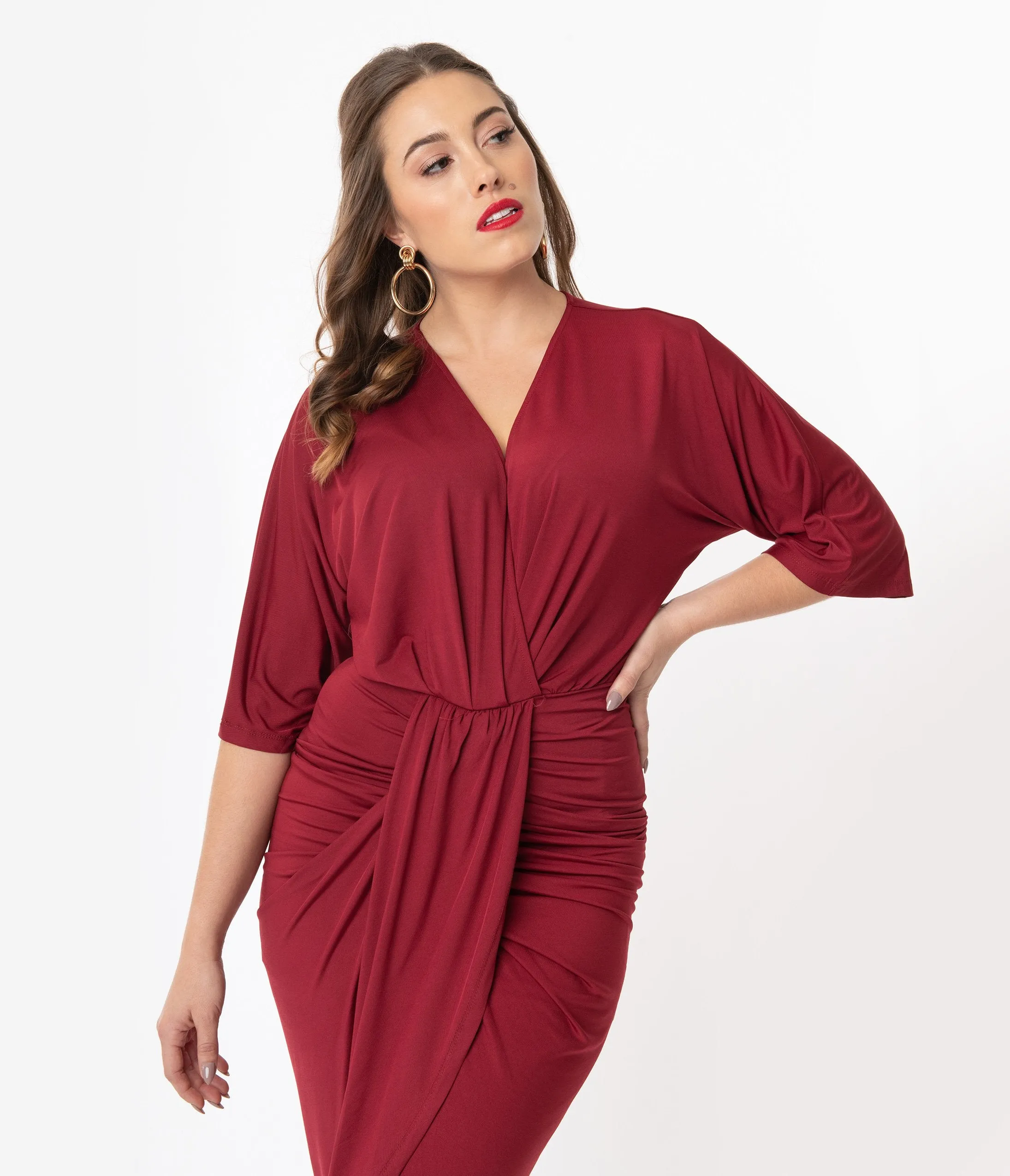 Retro Style Burgundy Ruched Wrap Front Dress