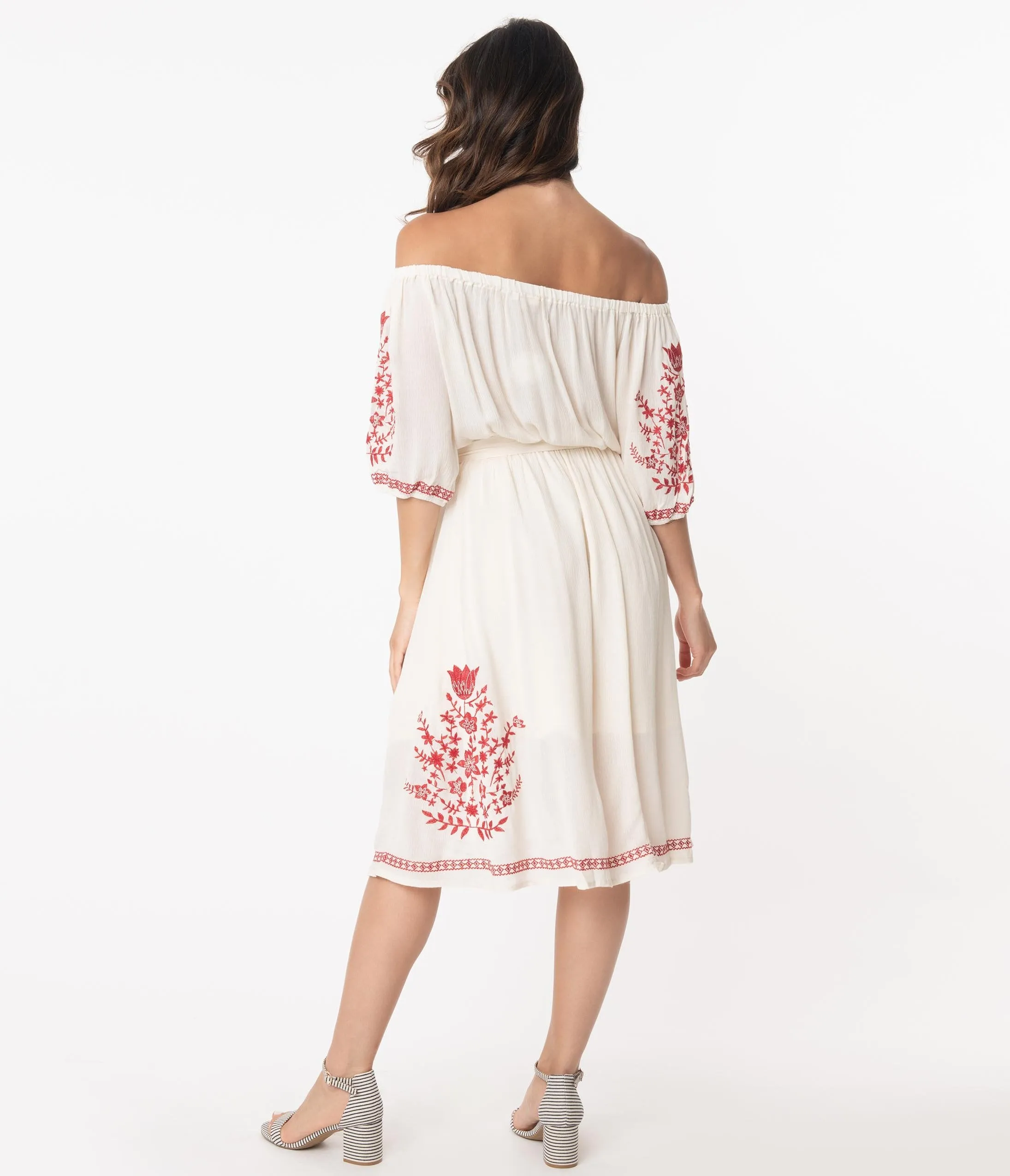 Retro Style Cream Embroidered Off Shoulder Midi Dress