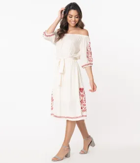 Retro Style Cream Embroidered Off Shoulder Midi Dress