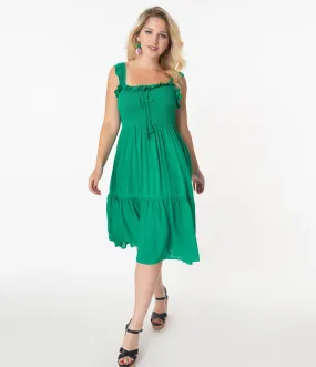 Retro Style Green Smocked Midi Dress