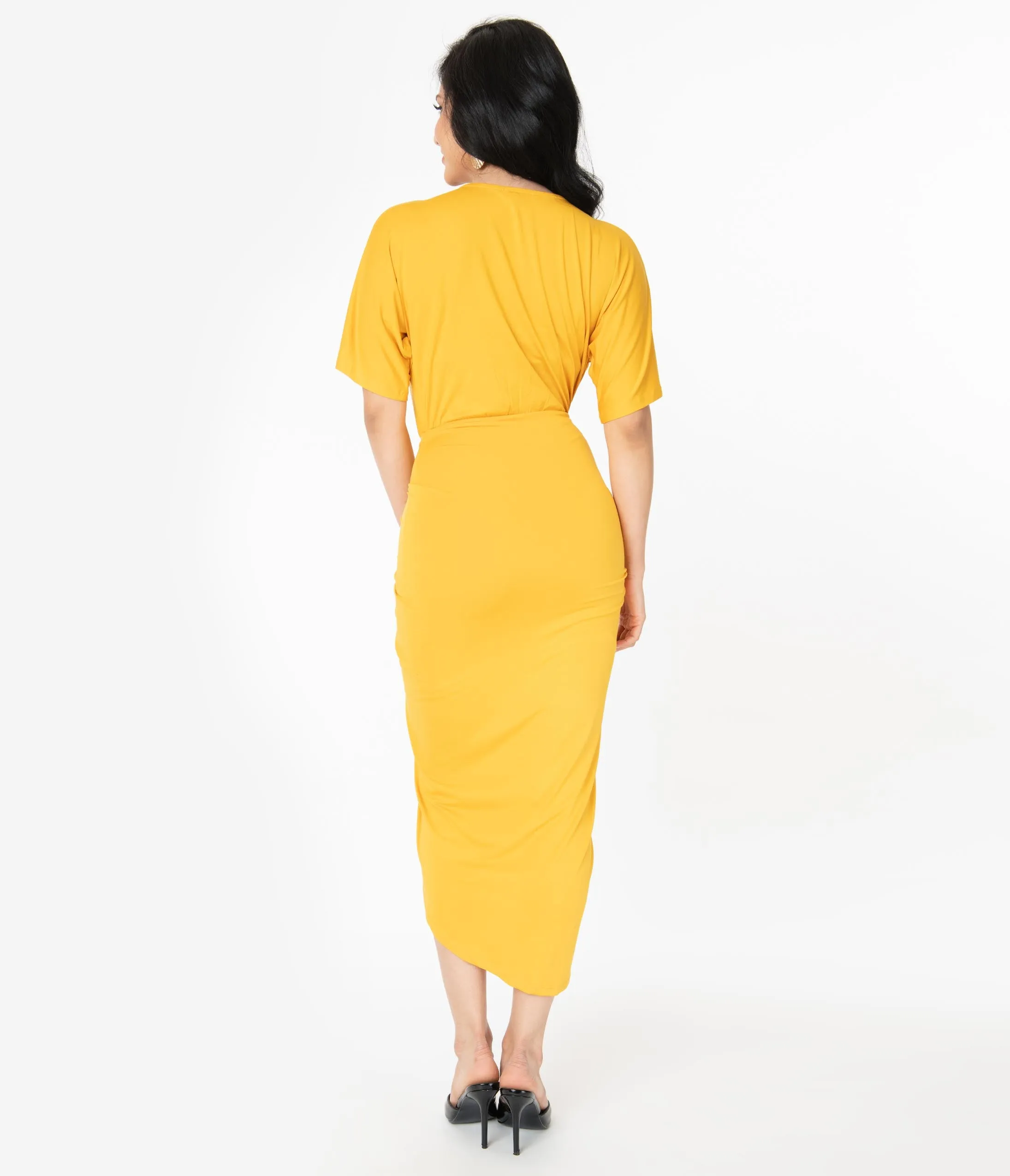 Retro Style Mustard Yellow Ruched Wrap Front Dress