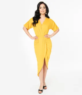 Retro Style Mustard Yellow Ruched Wrap Front Dress