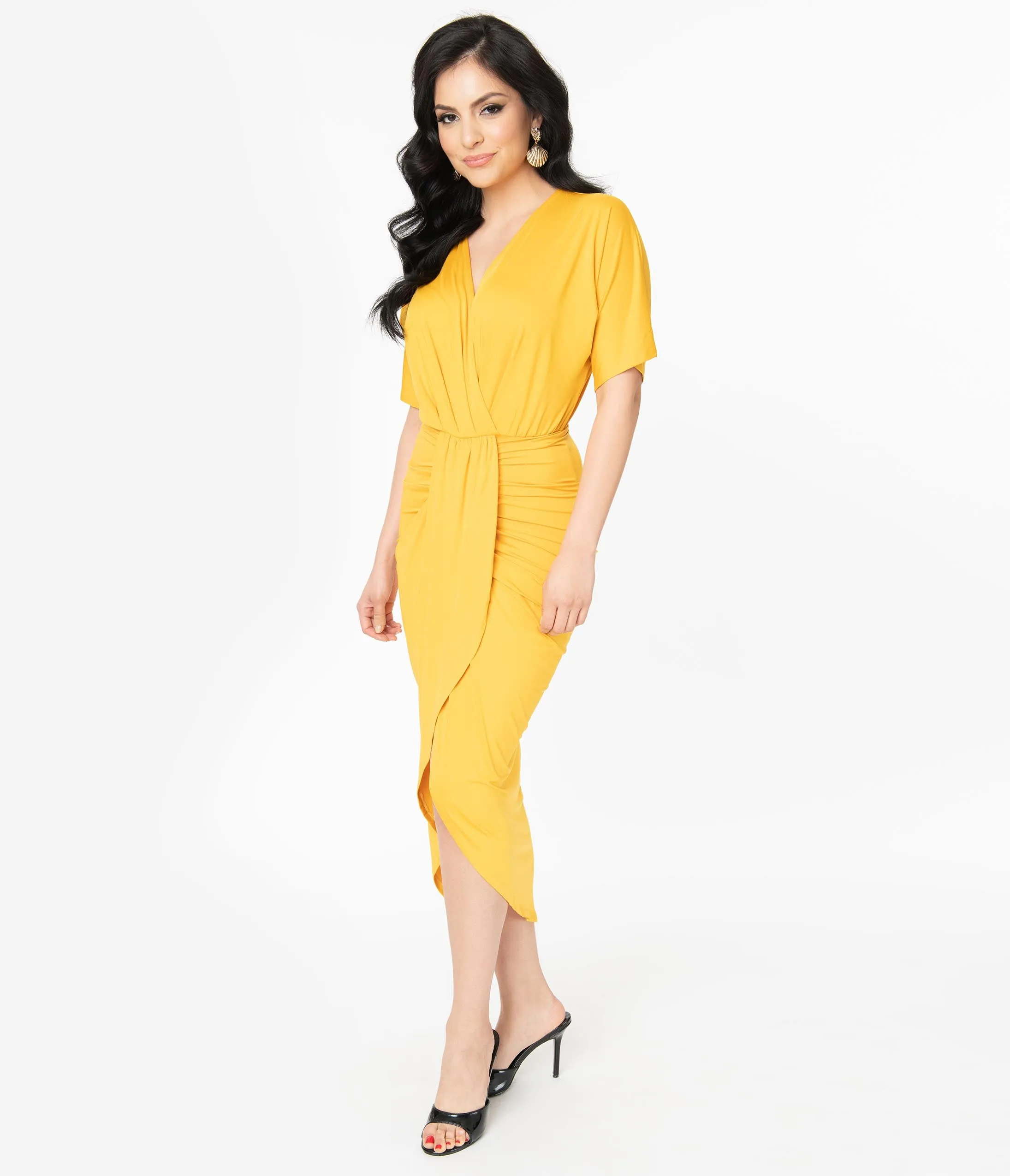 Retro Style Mustard Yellow Ruched Wrap Front Dress