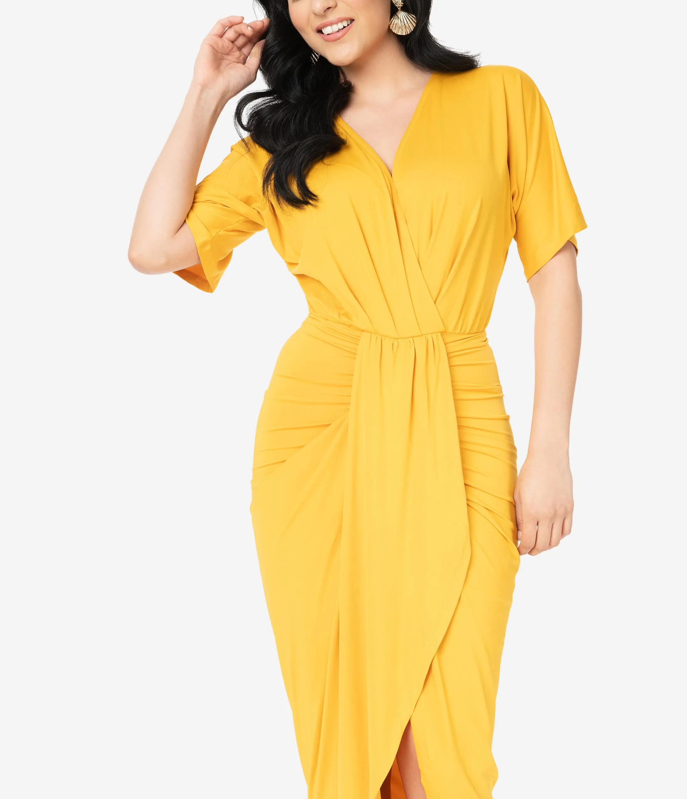 Retro Style Mustard Yellow Ruched Wrap Front Dress