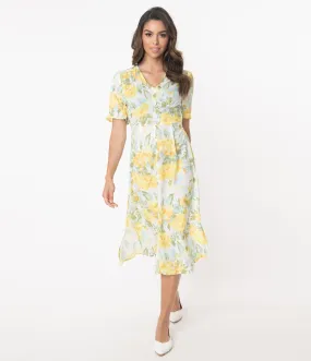 Retro Style White & Yellow Floral Midi Dress