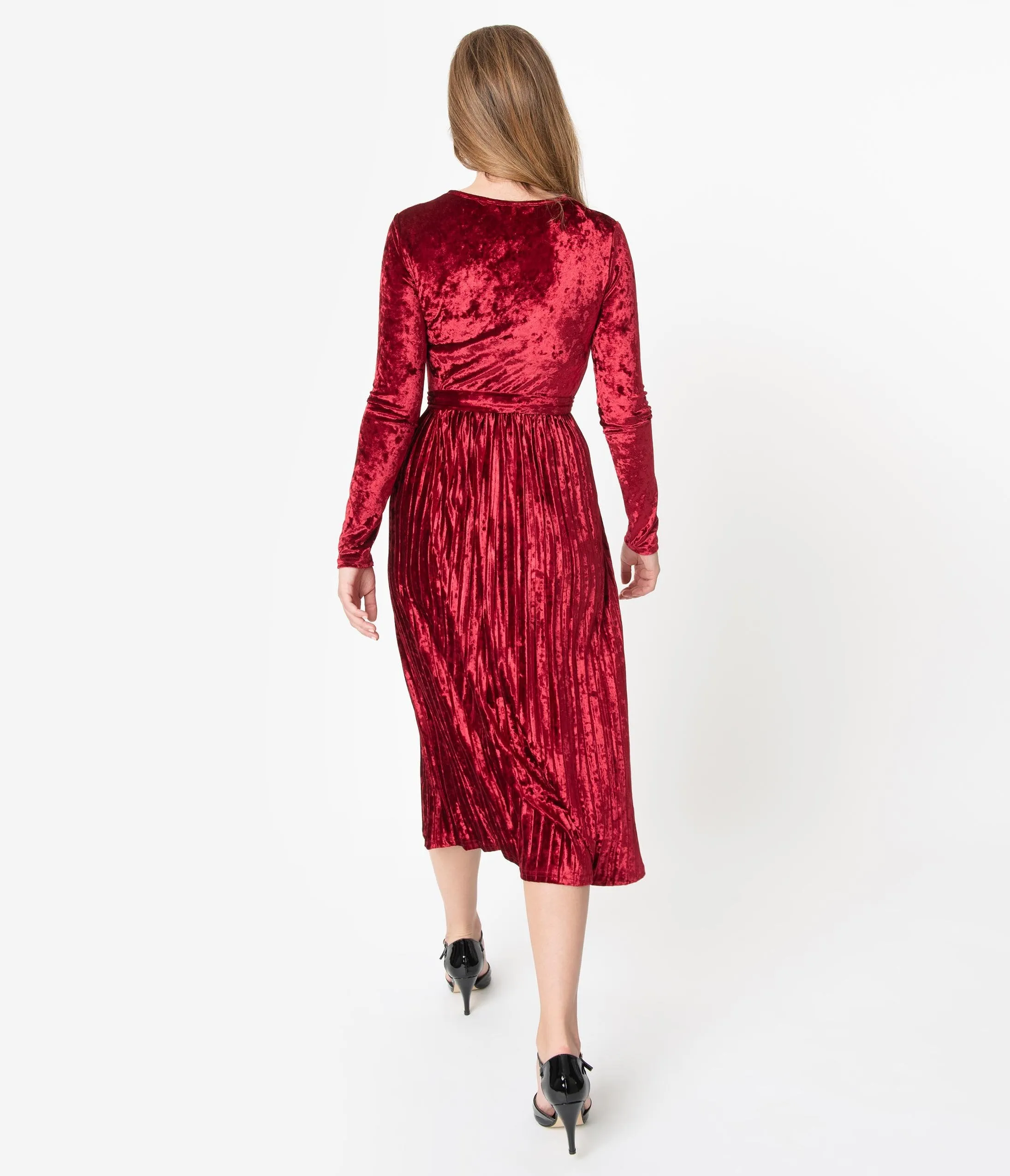 Retro Style Wine Red Velvet Pleated Modest Midi Dress