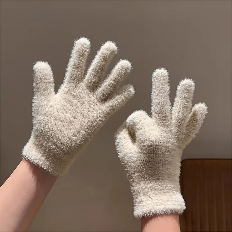 Simple Solid Color Plush Gloves Short Faux Rabbit Fur Soft Warm Gloves Autumn Winter Coldproof Split Finger Gloves Gift