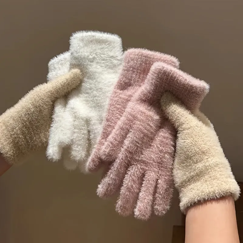 Simple Solid Color Plush Gloves Short Faux Rabbit Fur Soft Warm Gloves Autumn Winter Coldproof Split Finger Gloves Gift