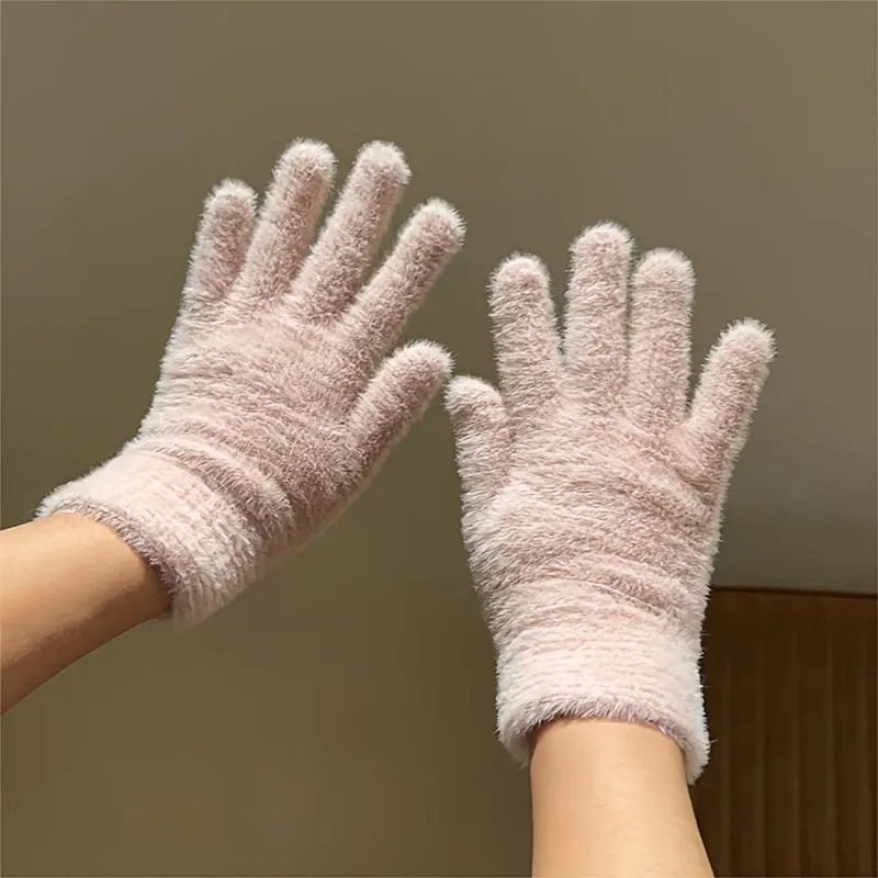 Simple Solid Color Plush Gloves Short Faux Rabbit Fur Soft Warm Gloves Autumn Winter Coldproof Split Finger Gloves Gift