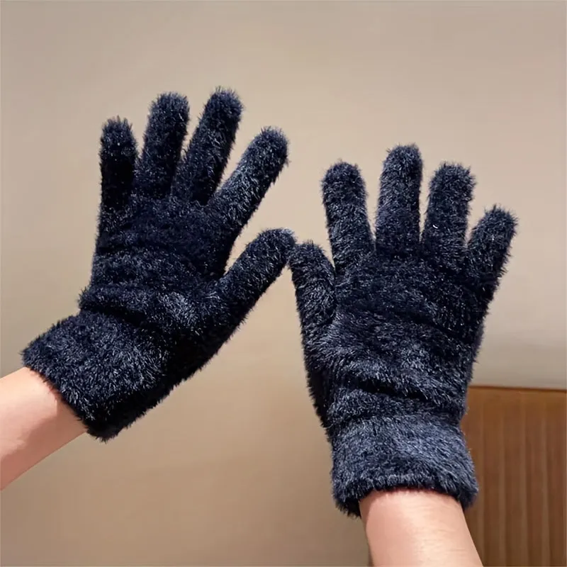 Simple Solid Color Plush Gloves Short Faux Rabbit Fur Soft Warm Gloves Autumn Winter Coldproof Split Finger Gloves Gift