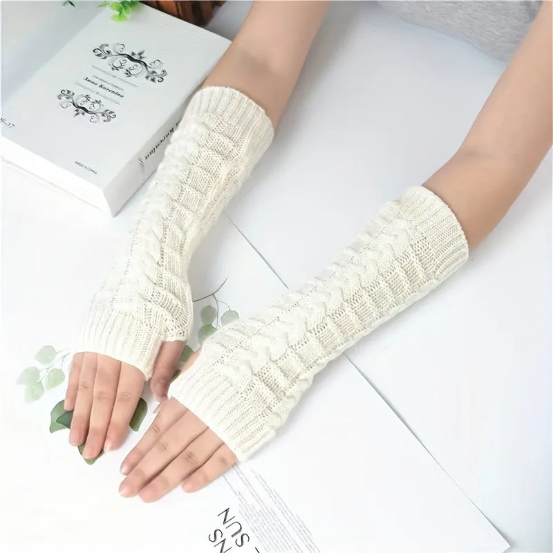 Solid Color Twist Knitted Gloves Long Fingerless Stretchy Sleeves With Thumb Hole Winter Outdoor Coldproof Warm Women's Gloves