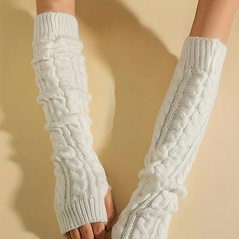 Solid Color Twist Knitted Gloves Long Fingerless Stretchy Sleeves With Thumb Hole Winter Outdoor Coldproof Warm Women's Gloves