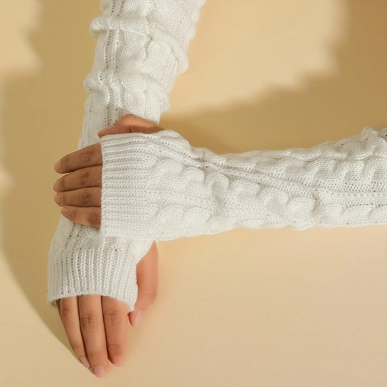 Solid Color Twist Knitted Gloves Long Fingerless Stretchy Sleeves With Thumb Hole Winter Outdoor Coldproof Warm Women's Gloves