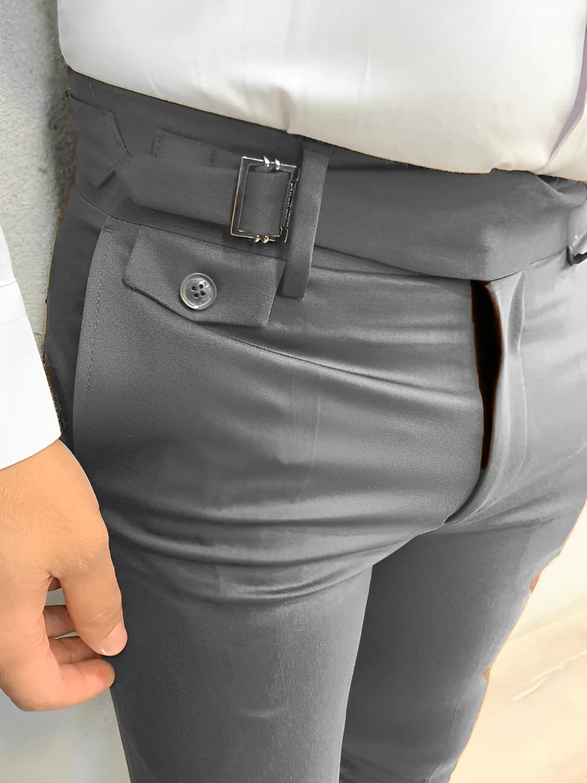 Stone Grey Single Buckle Gurkha Pants