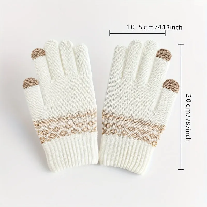 Stylish Jacquard Knitted Gloves Women's Short Elastic Full Finger Touchscreen Gloves Winter Warm Writing Gloves