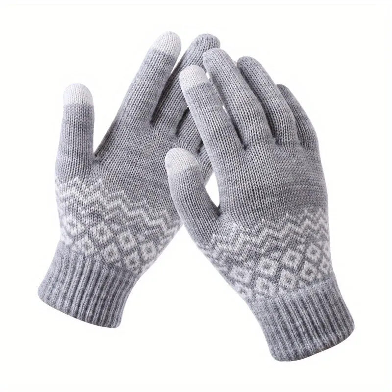 Stylish Jacquard Knitted Gloves Women's Short Elastic Full Finger Touchscreen Gloves Winter Warm Writing Gloves