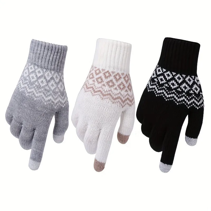 Stylish Jacquard Knitted Gloves Women's Short Elastic Full Finger Touchscreen Gloves Winter Warm Writing Gloves