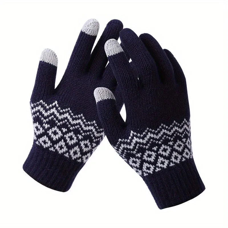 Stylish Jacquard Knitted Gloves Women's Short Elastic Full Finger Touchscreen Gloves Winter Warm Writing Gloves