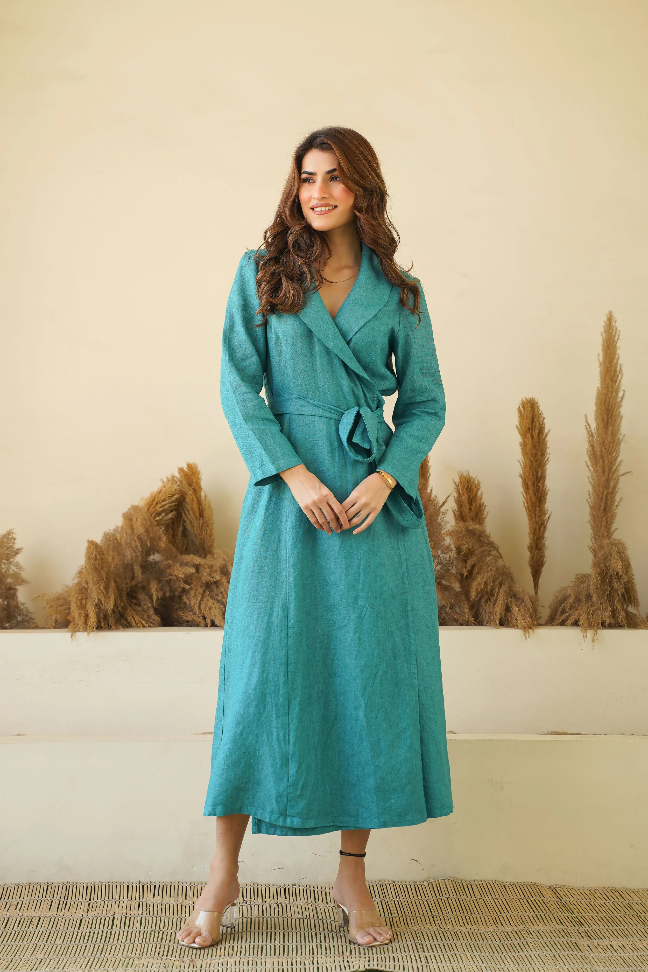 Teal Blue Elegance: Linen Wrap Dress with Shawl Collars, Full Sleeves & Waist Tie | Chic Linen Maxi Dress