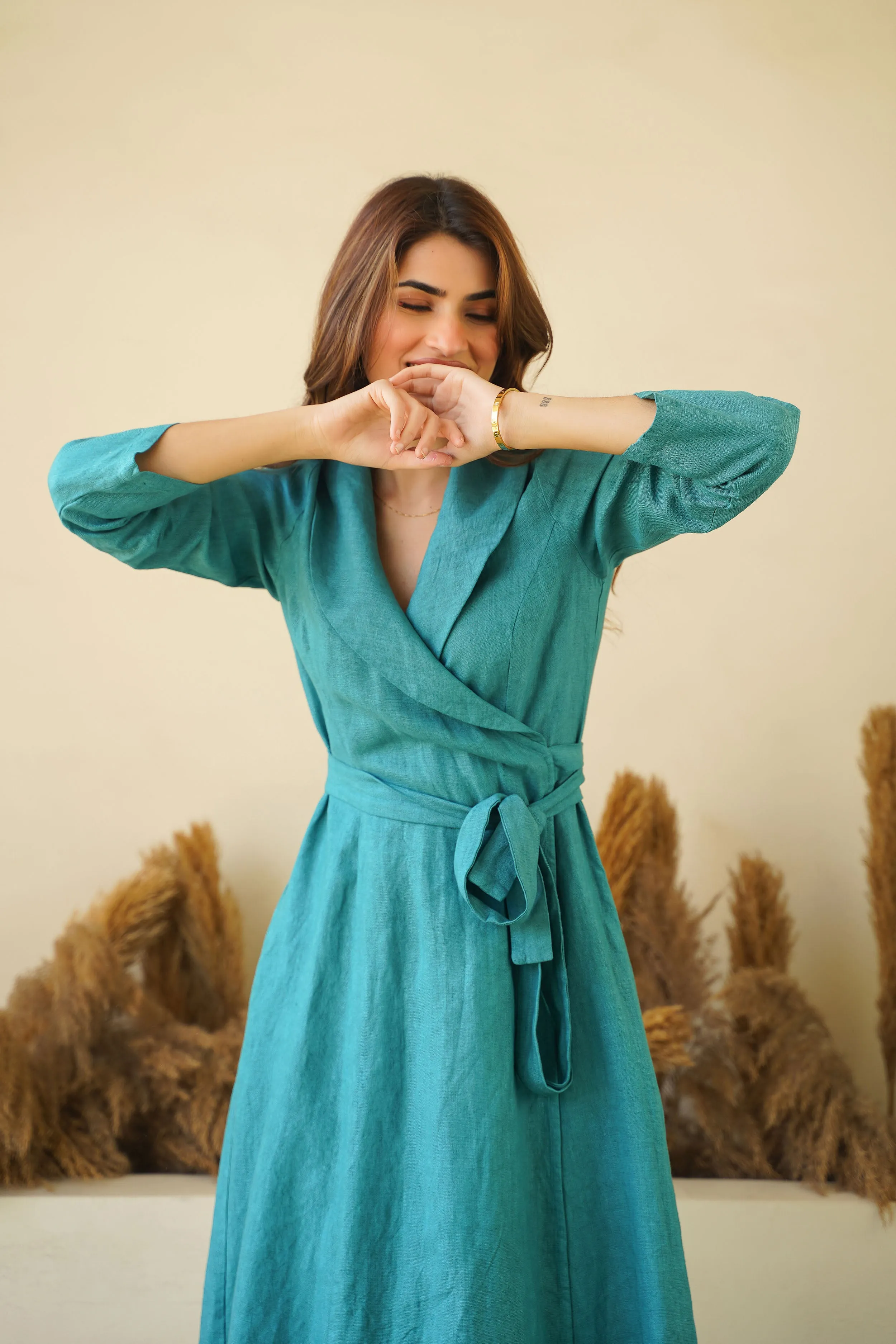 Teal Blue Elegance: Linen Wrap Dress with Shawl Collars, Full Sleeves & Waist Tie | Chic Linen Maxi Dress