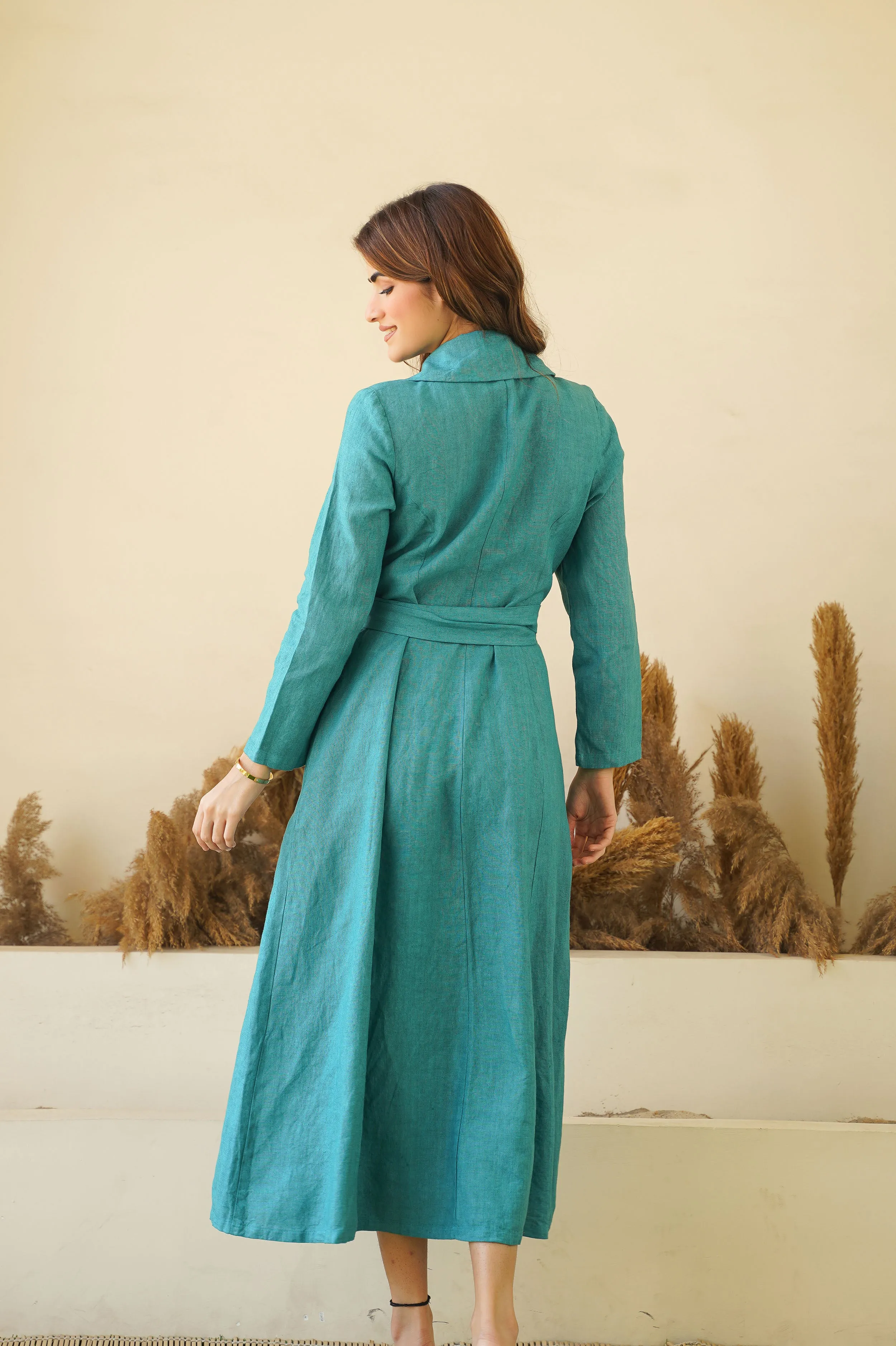 Teal Blue Elegance: Linen Wrap Dress with Shawl Collars, Full Sleeves & Waist Tie | Chic Linen Maxi Dress