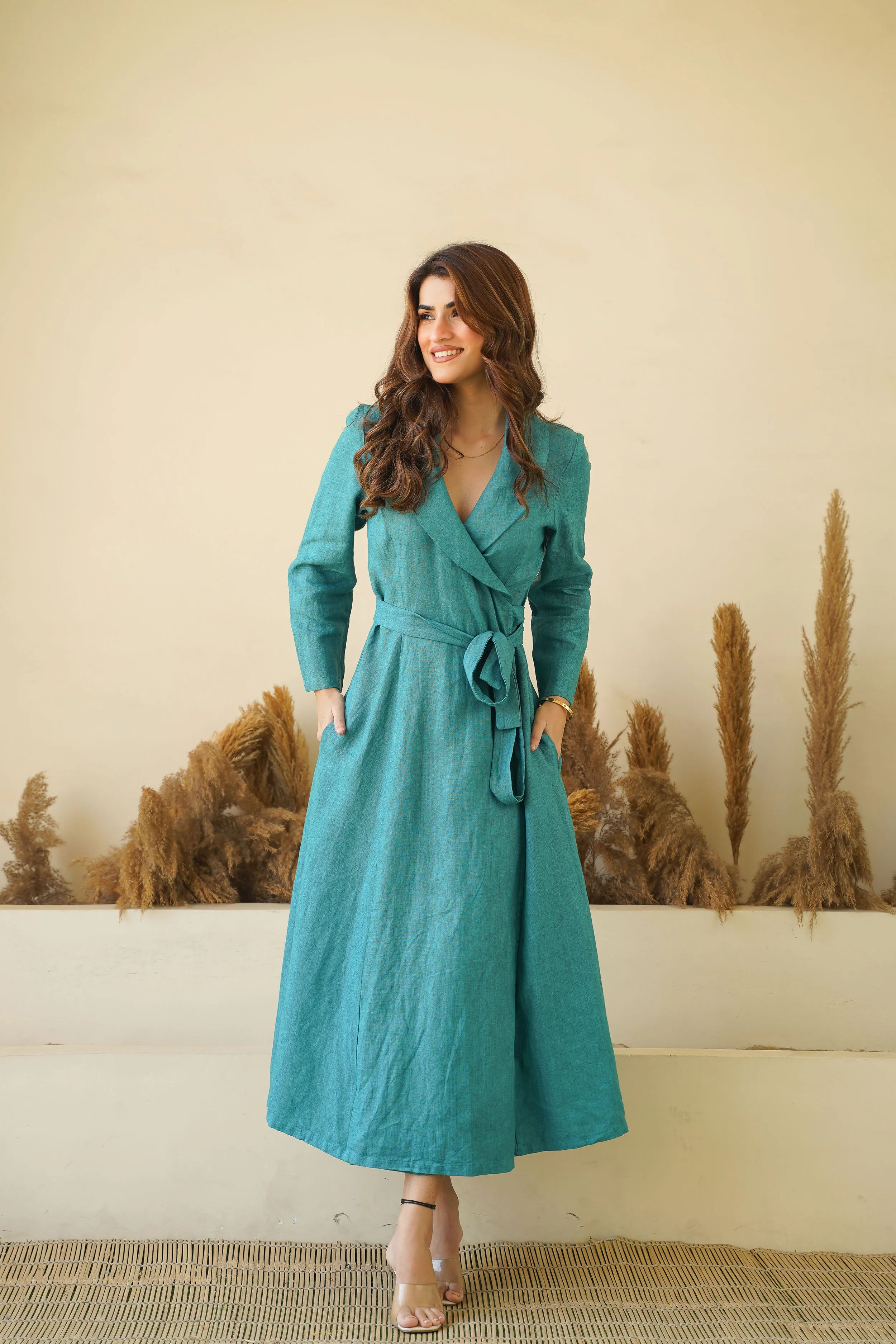 Teal Blue Elegance: Linen Wrap Dress with Shawl Collars, Full Sleeves & Waist Tie | Chic Linen Maxi Dress