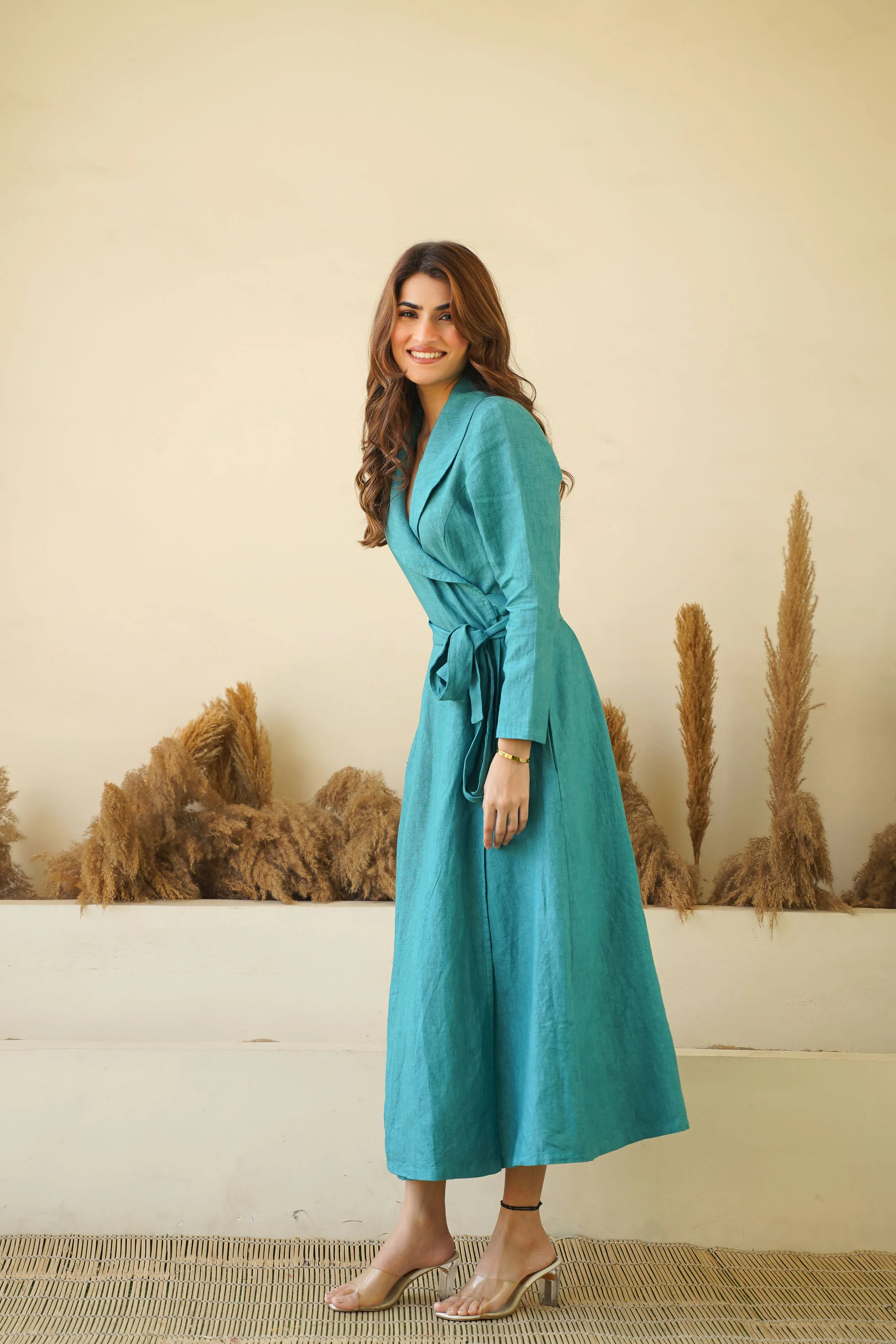 Teal Blue Elegance: Linen Wrap Dress with Shawl Collars, Full Sleeves & Waist Tie | Chic Linen Maxi Dress