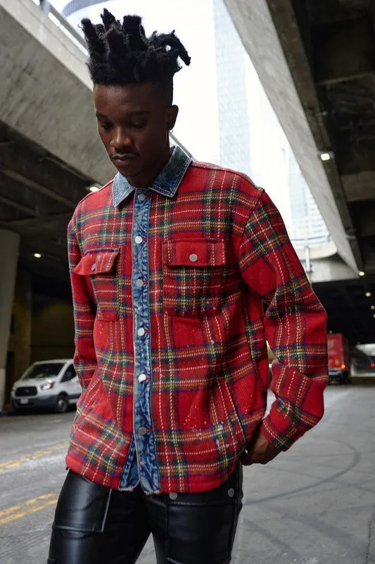 TEEK - Red Flannel Shacket With Denim Contrast