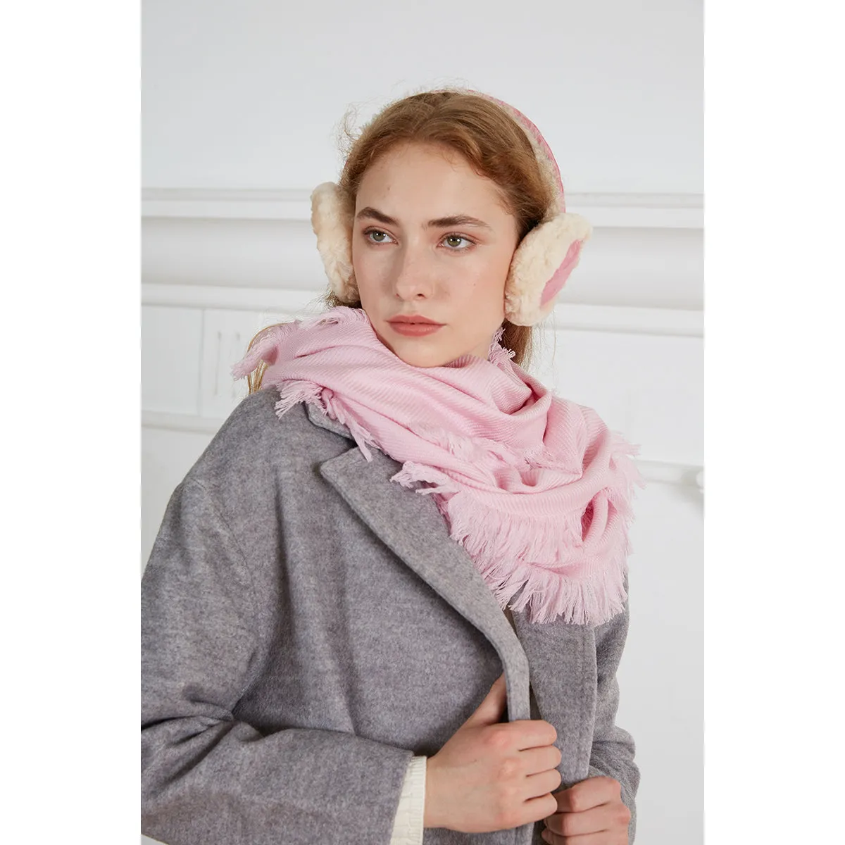 Ugg Fringed Check Wool Scarf Pink