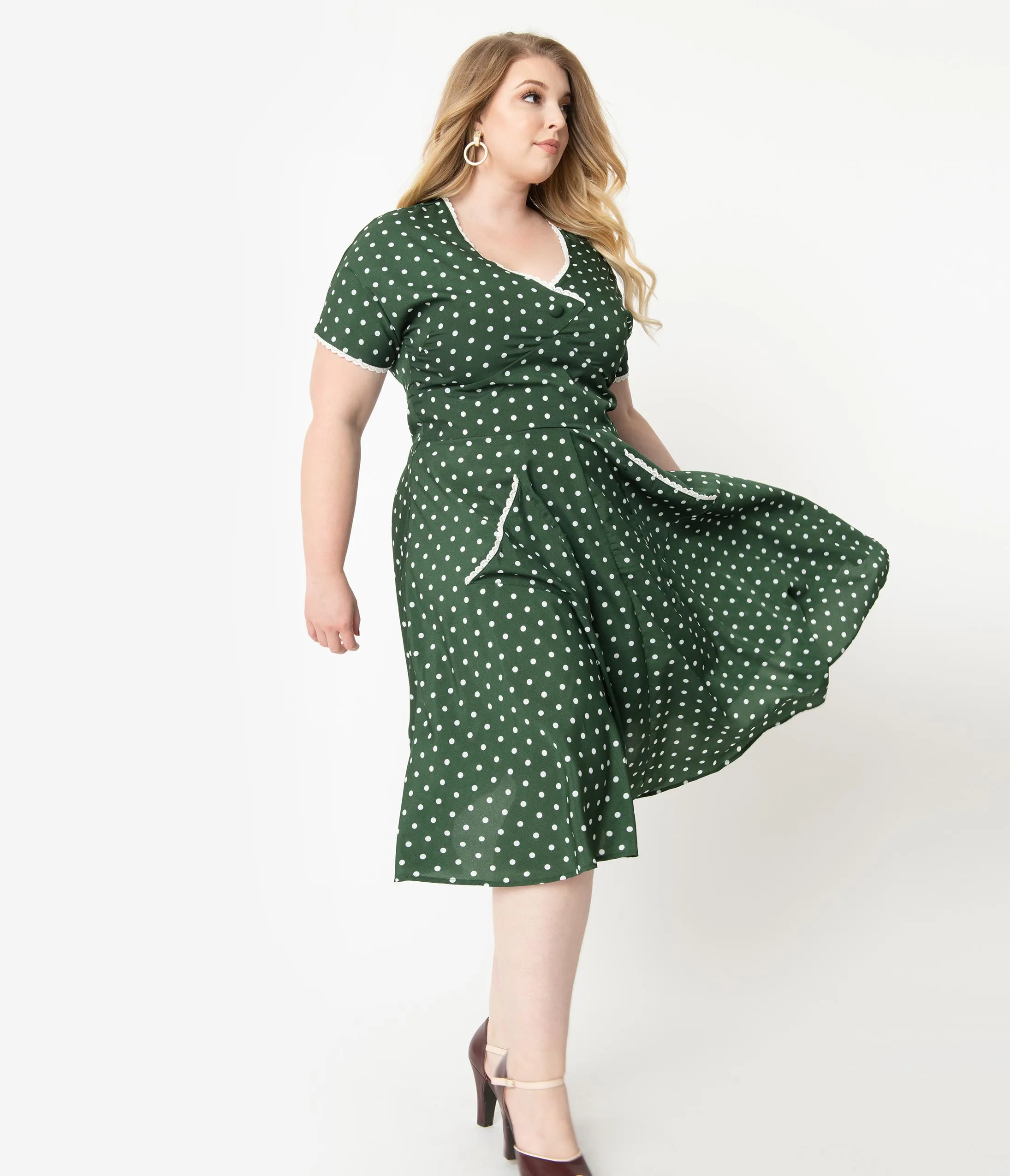 Unique Vintage Plus Size 1950s Dark Green & White Polka Dot Goldie Swing Dress