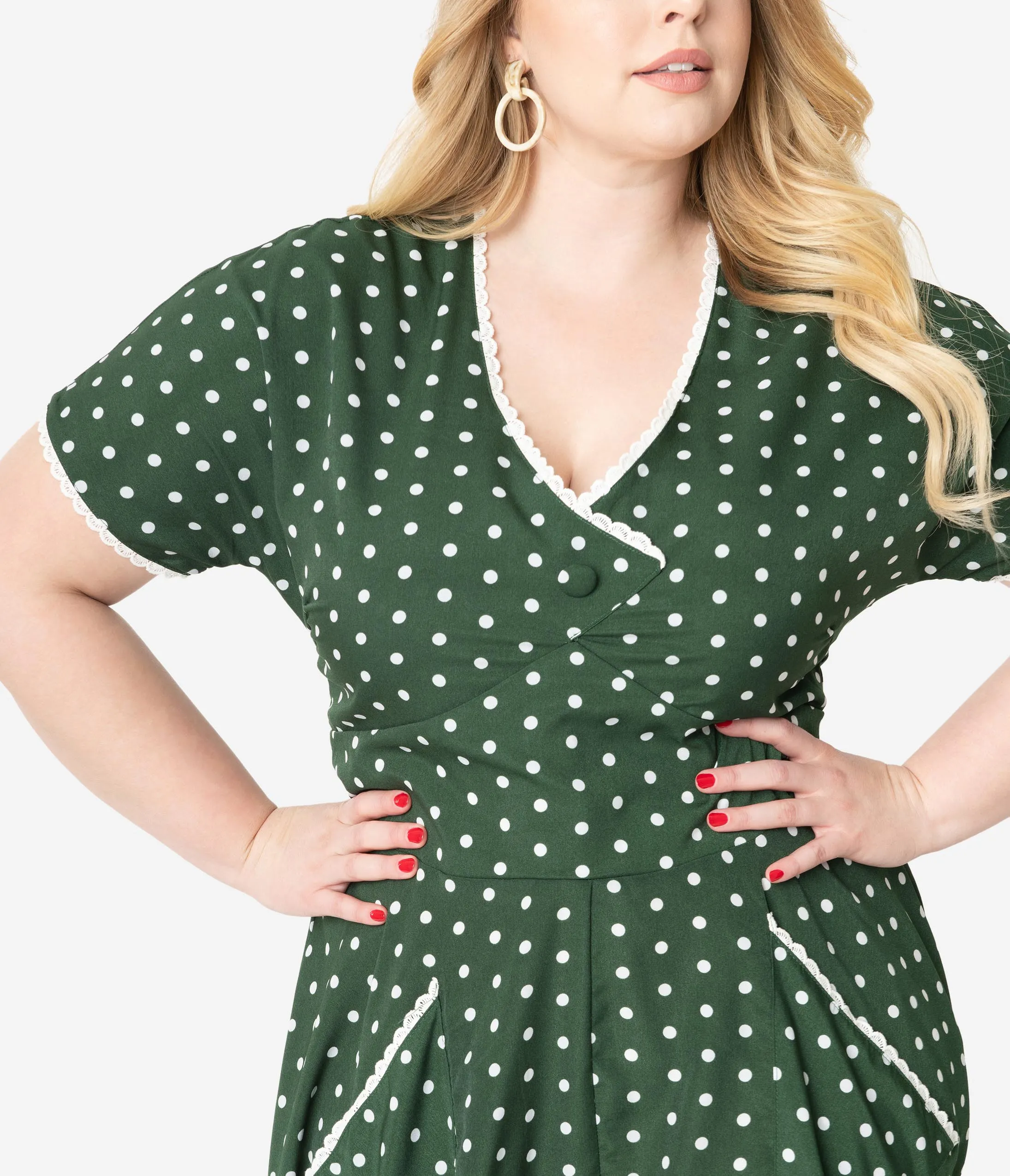 Unique Vintage Plus Size 1950s Dark Green & White Polka Dot Goldie Swing Dress