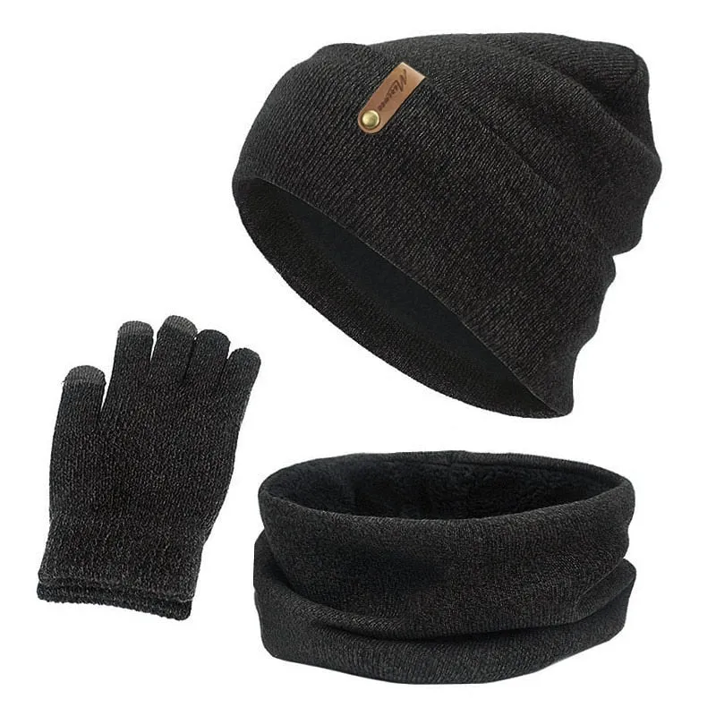 Unisex Beanies Hat Ring Scarf Gloves Set Winter Knitted Thick Warm Cap Women Men Solid Retro Beanie Hat Soft Touch Screen Gloves