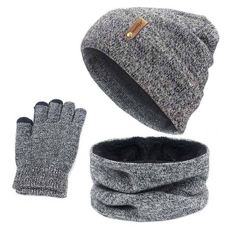 Unisex Beanies Hat Ring Scarf Gloves Set Winter Knitted Thick Warm Cap Women Men Solid Retro Beanie Hat Soft Touch Screen Gloves