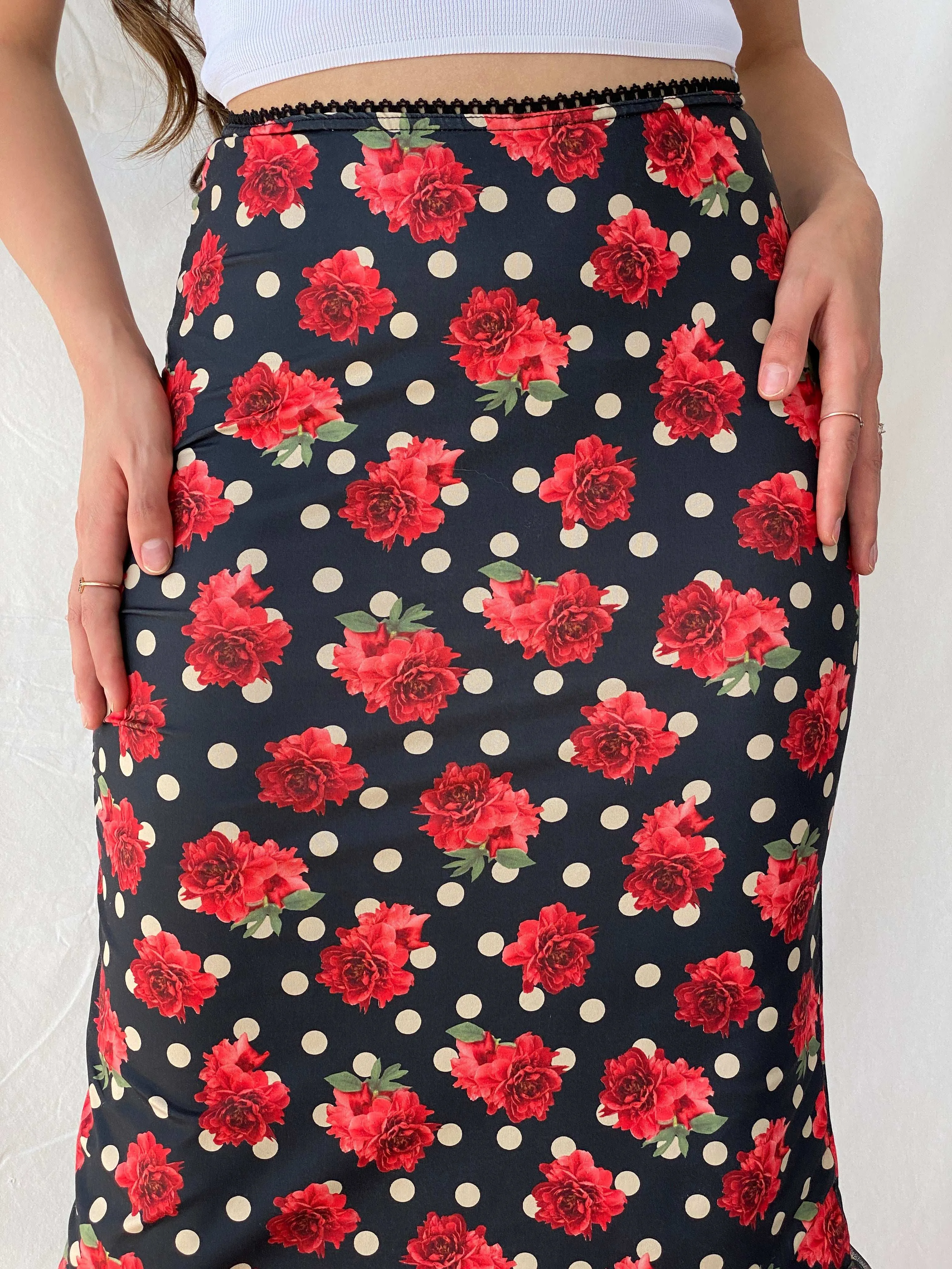 Vintage 90s Elite Club Floral Polka Dots Midi Fitted Skirt - M