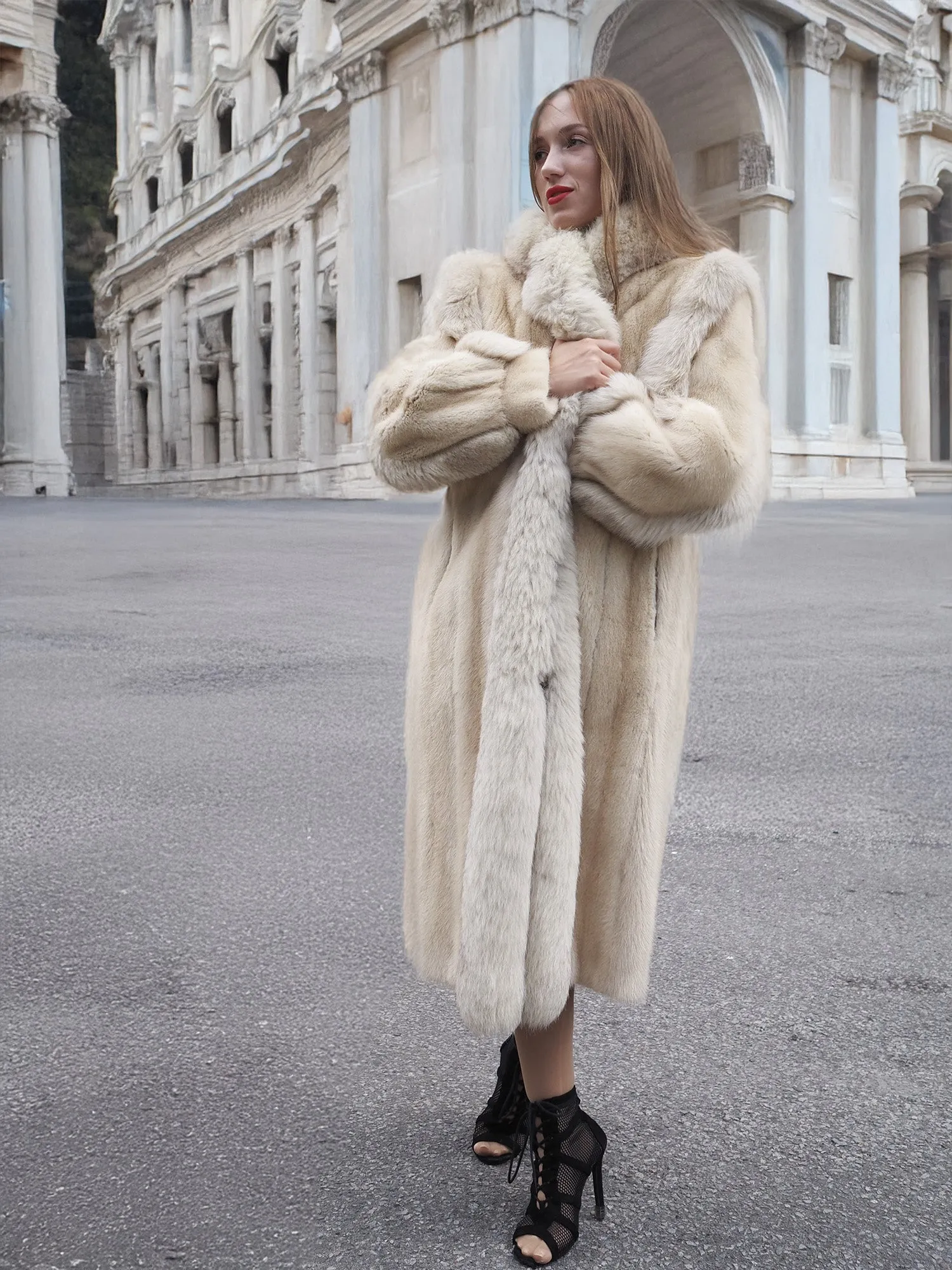 Vintage Beige Pearl Mink Fur Coat Fox Trim S/M