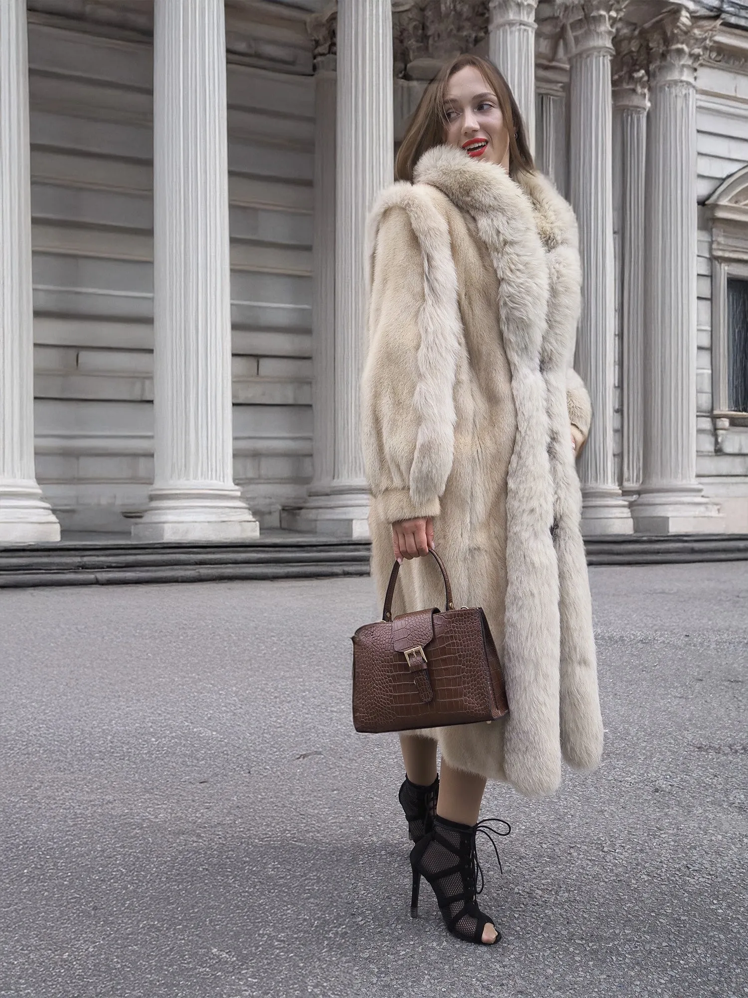 Vintage Beige Pearl Mink Fur Coat Fox Trim S/M