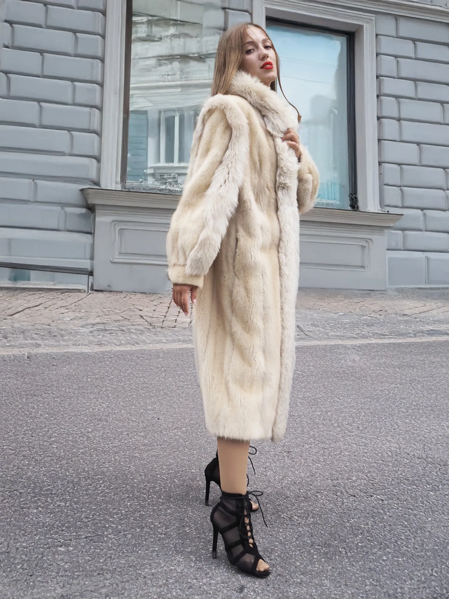 Vintage Beige Pearl Mink Fur Coat Fox Trim S/M