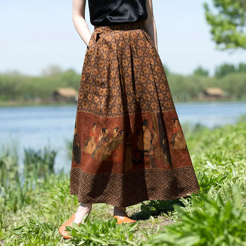 Vintage Chinese-style Mulberry Silk Court Banquet Print Retro Patterned Midi Skirt for Women