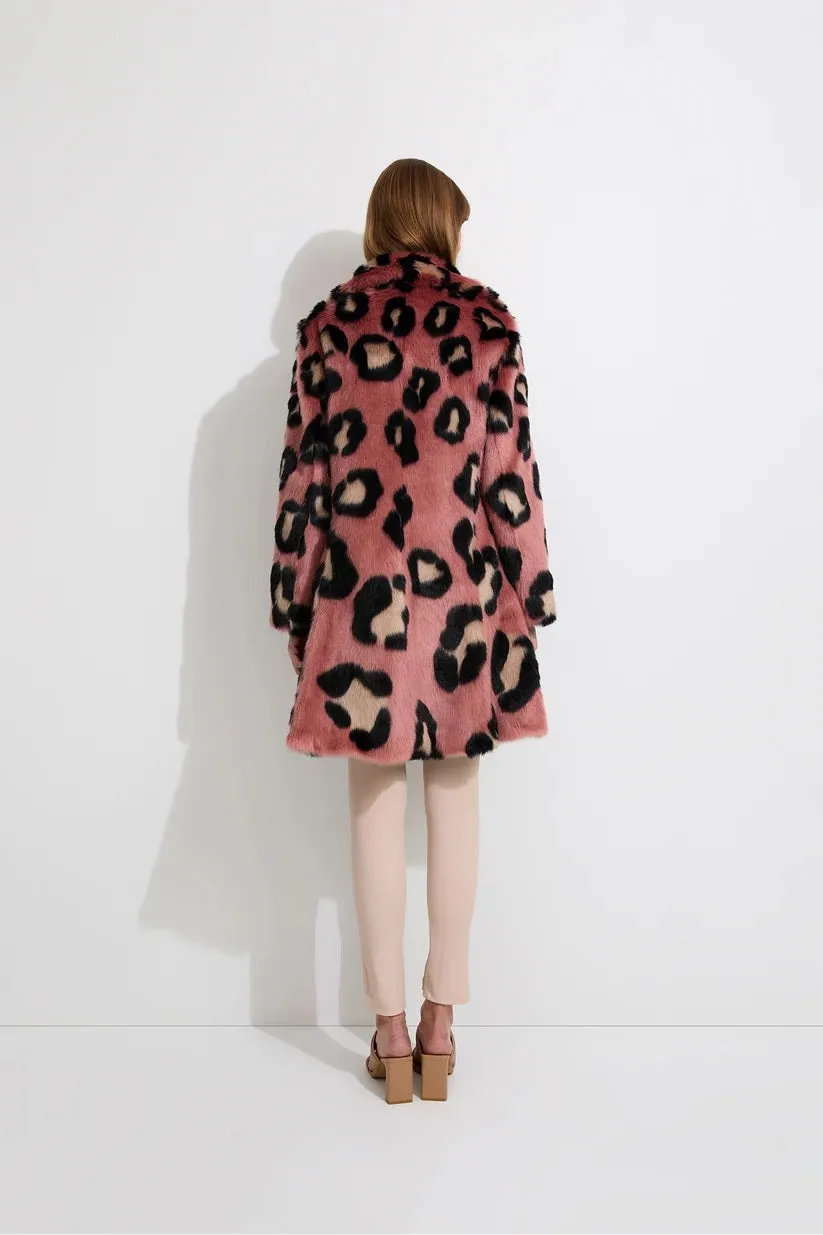 Whimsical Faux Fur Coat - Rose Leopard