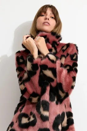 Whimsical Faux Fur Coat - Rose Leopard