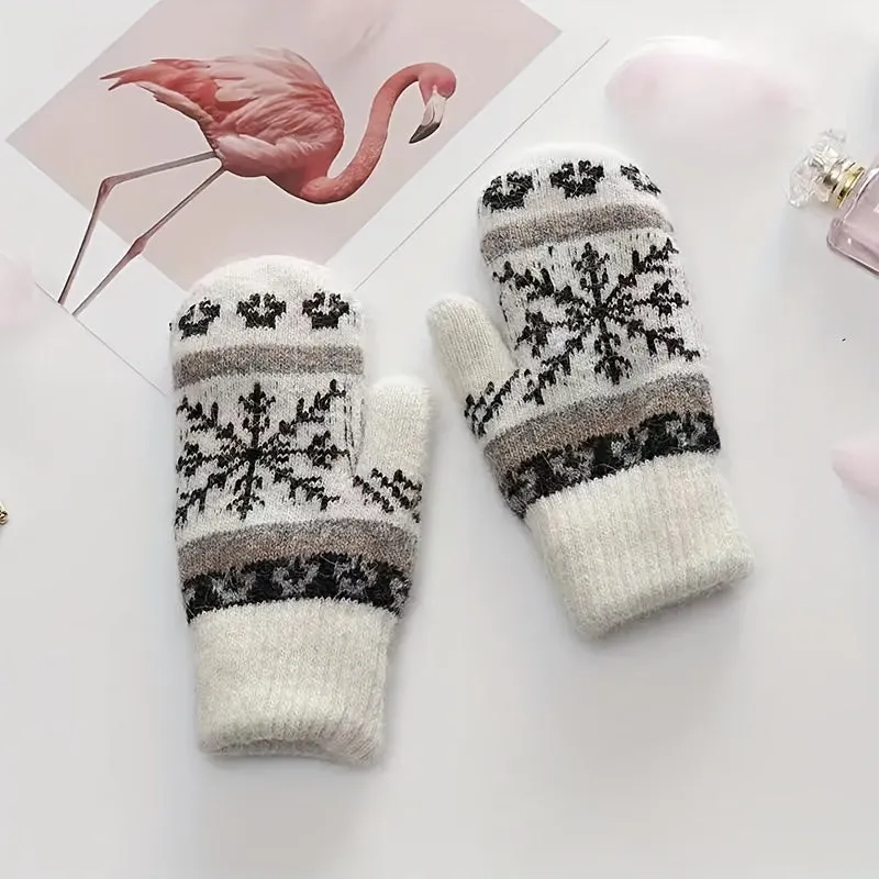 Winter Warm Knit Gloves with Snowflake Design and Faux Rabbit Fur Lining - Elastic, Ideal for Outdoor Activities, Perfect Gift