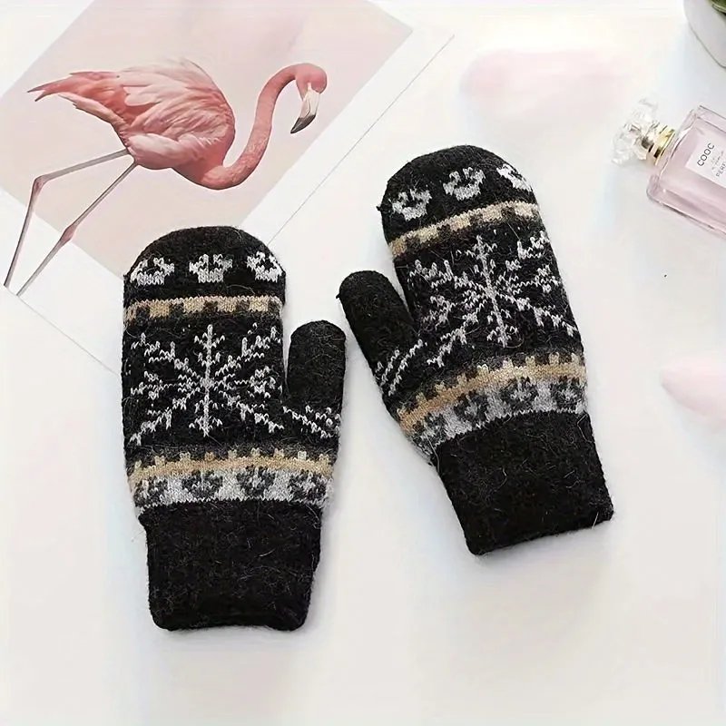 Winter Warm Knit Gloves with Snowflake Design and Faux Rabbit Fur Lining - Elastic, Ideal for Outdoor Activities, Perfect Gift