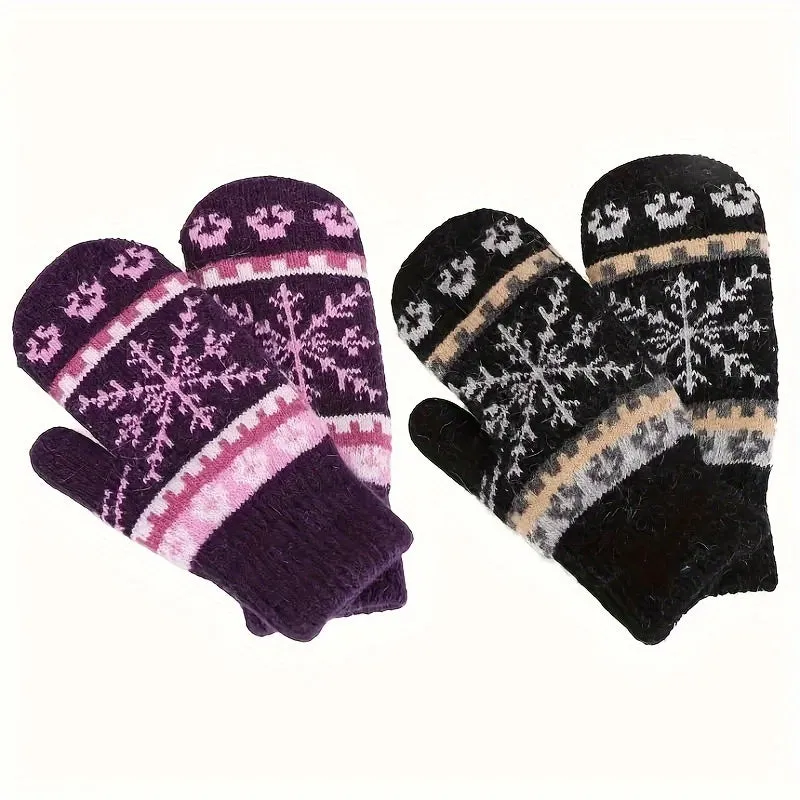 Winter Warm Knit Gloves with Snowflake Design and Faux Rabbit Fur Lining - Elastic, Ideal for Outdoor Activities, Perfect Gift