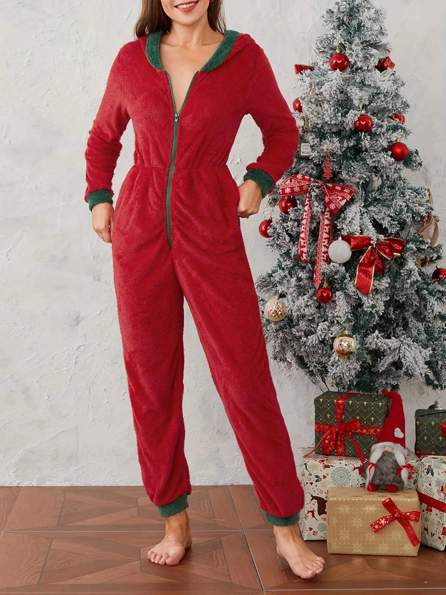 Women Christmas Hooded One-piece Trousers Coral Fleece Solid Color Zipper Jumpsuit Lady Winter Thermal Home Wear