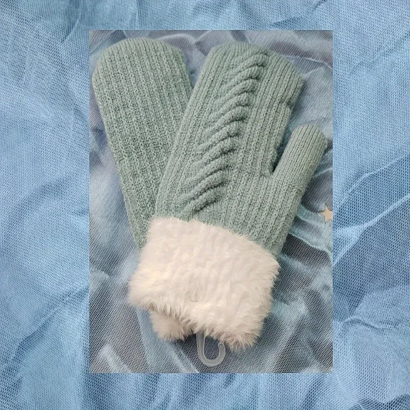 Women Fashion Knit Twist Flowers Mittens, Winter Plus Velvet Thickening Warm Full Finger Gloves